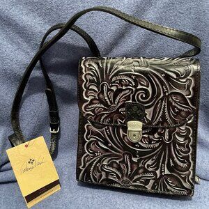 NWT Patricia Nash ROSSANO Black Leather Crossbody Organizer Tooled